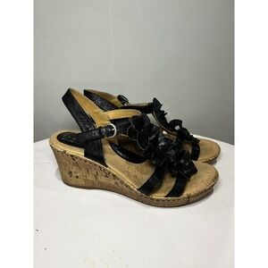 BOC Born Womens Size 9M Black Leather Flower Strappy Wedge Sandals Shoes